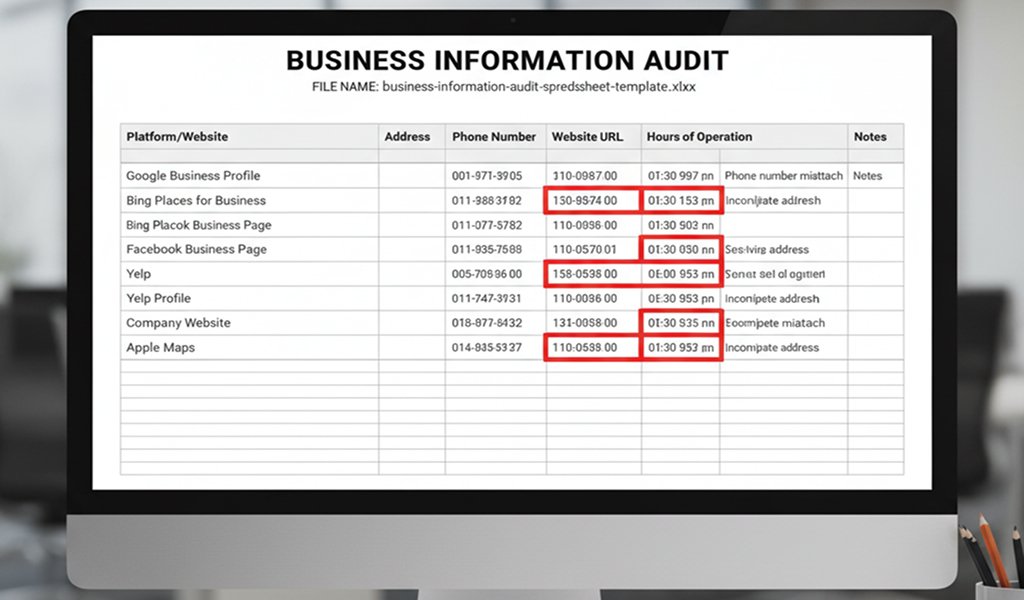 Business information audit spreadsheet showing NAP data, service areas, hours, and highlighted inconsistencies across platforms. Local search optimization