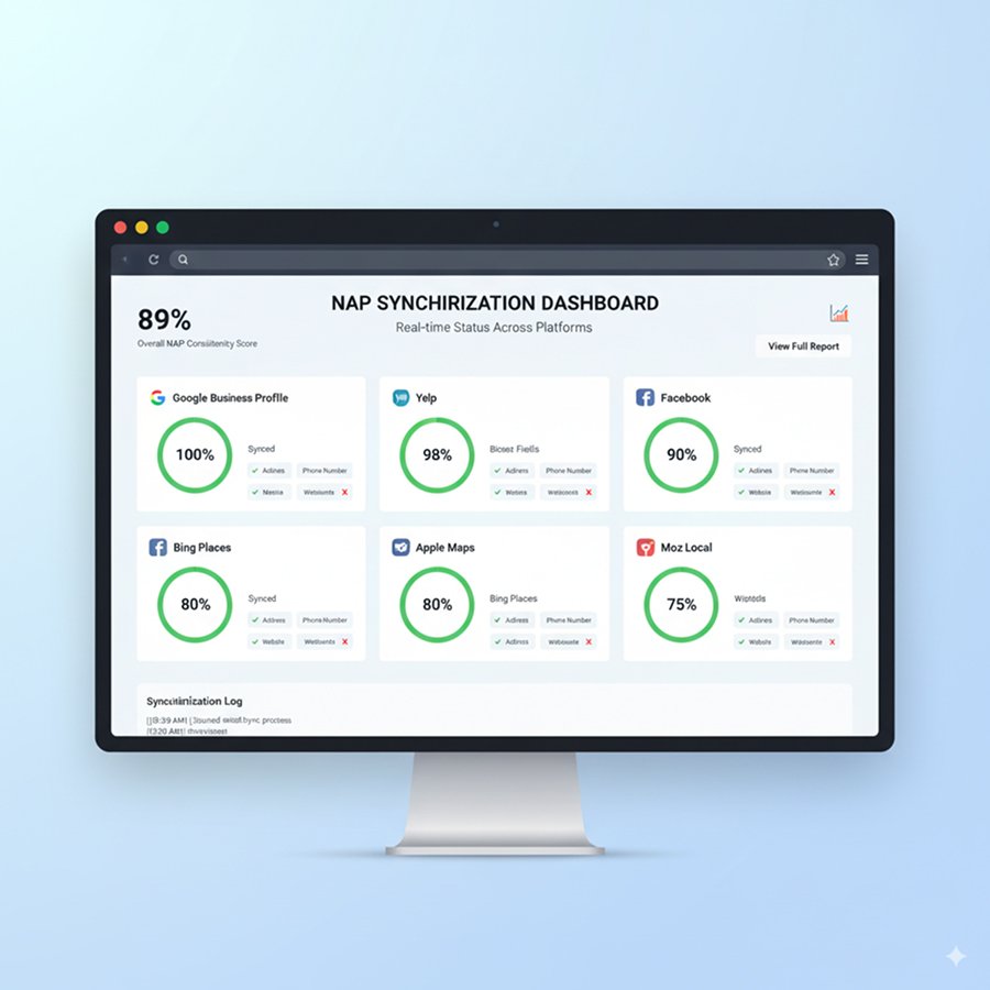 Dashboard interface displaying NAP synchronization status across multiple directories and platforms with completion percentages