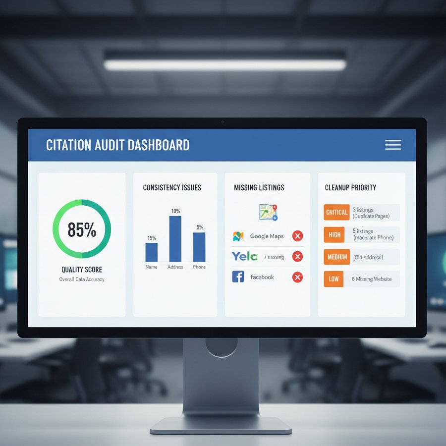 Audit dashboard displaying citation quality scores, consistency issues, missing listings, and cleanup priority recommendations