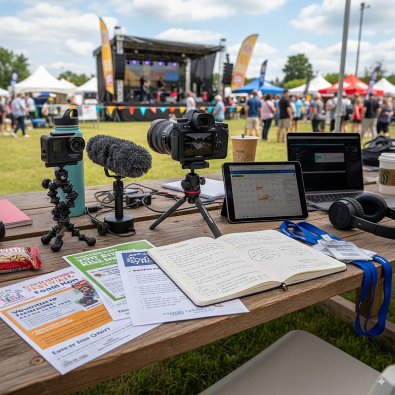 Community event coverage setup displaying camera equipment, interview notes, and local event documentation for content creation