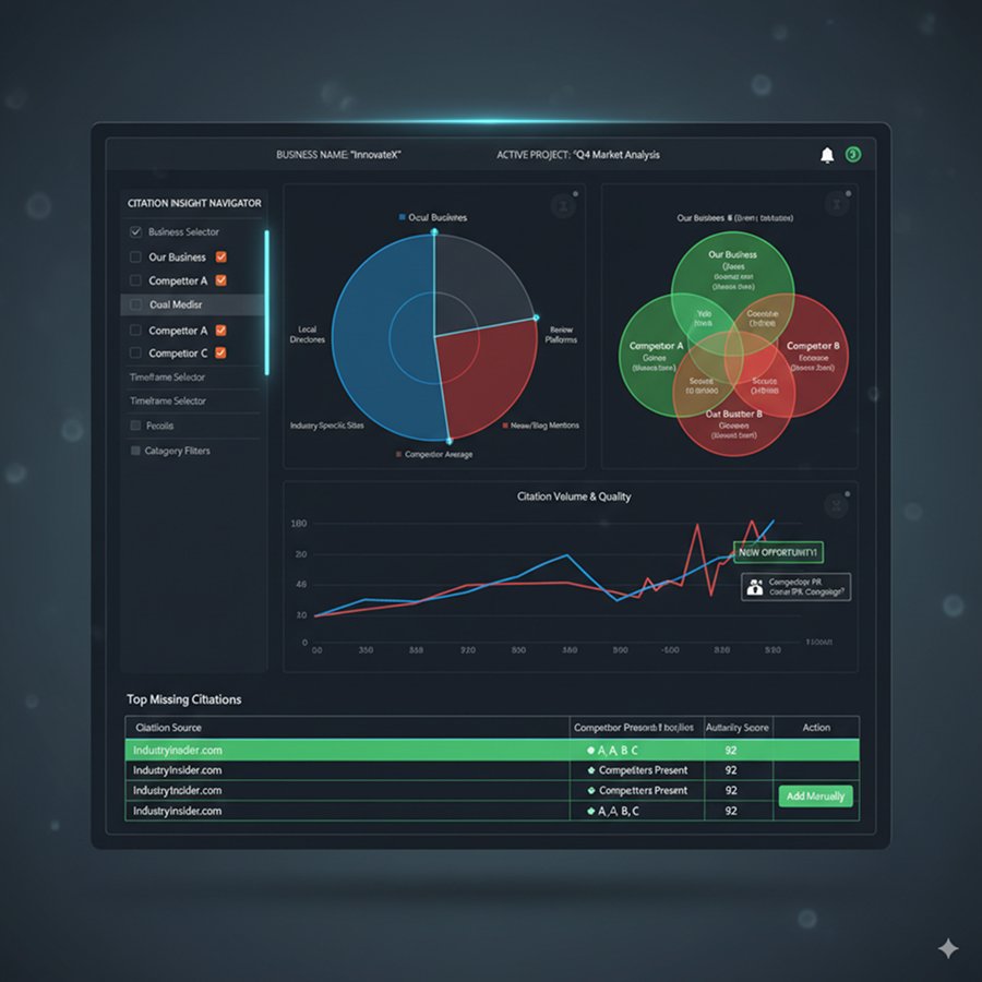 Analysis interface comparing citation profiles of competing businesses with highlighted gaps and opportunity indicators