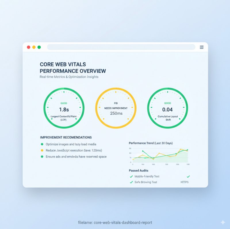 Performance monitoring dashboard displaying Core Web Vitals metrics with color-coded scores and improvement recommendations