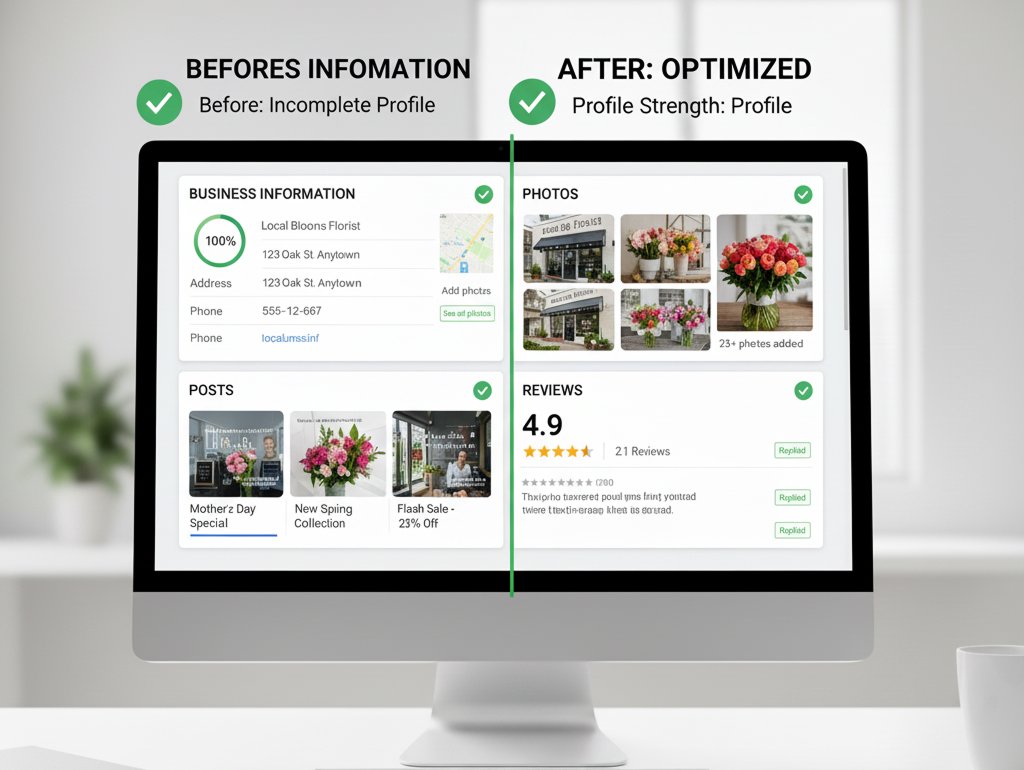 Split-screen comparison showing incomplete Google Business Profile versus fully optimized profile with complete information, photos, and posts File Name: google-business-profile-before-after-optimization