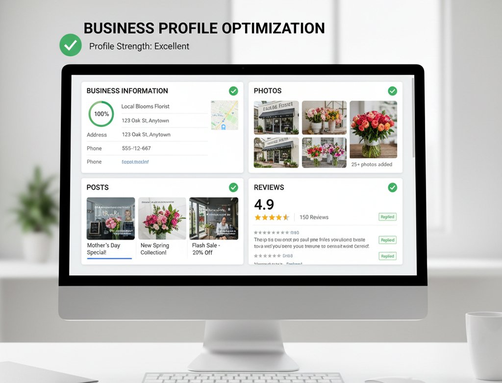 Google Business Profile optimization dashboard displaying completed business information, photos, posts, and review sections