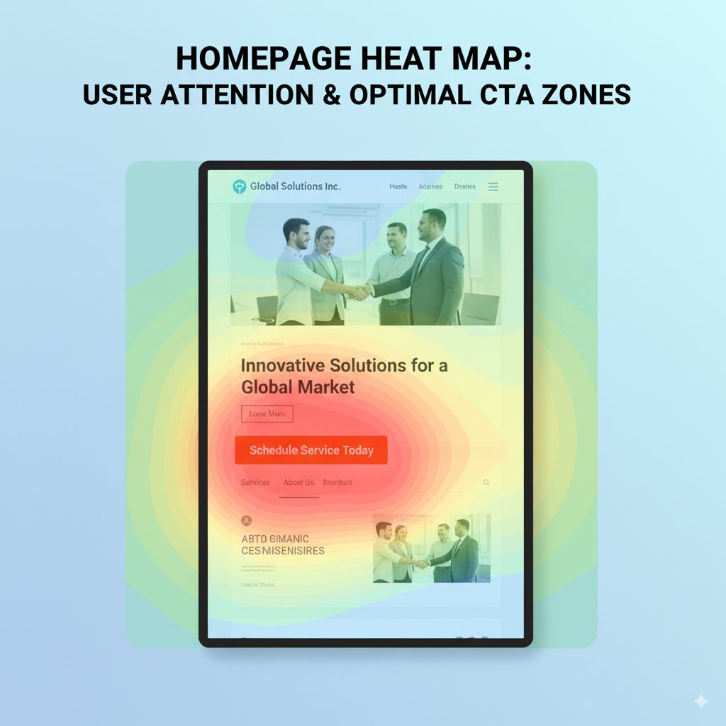 Website heat map overlay showing user attention patterns on homepage with highlighted areas for optimal call-to-action button placement