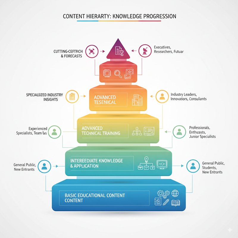 Content hierarchy diagram displaying progression from basic educational content through advanced industry insights with audience targeting indicators