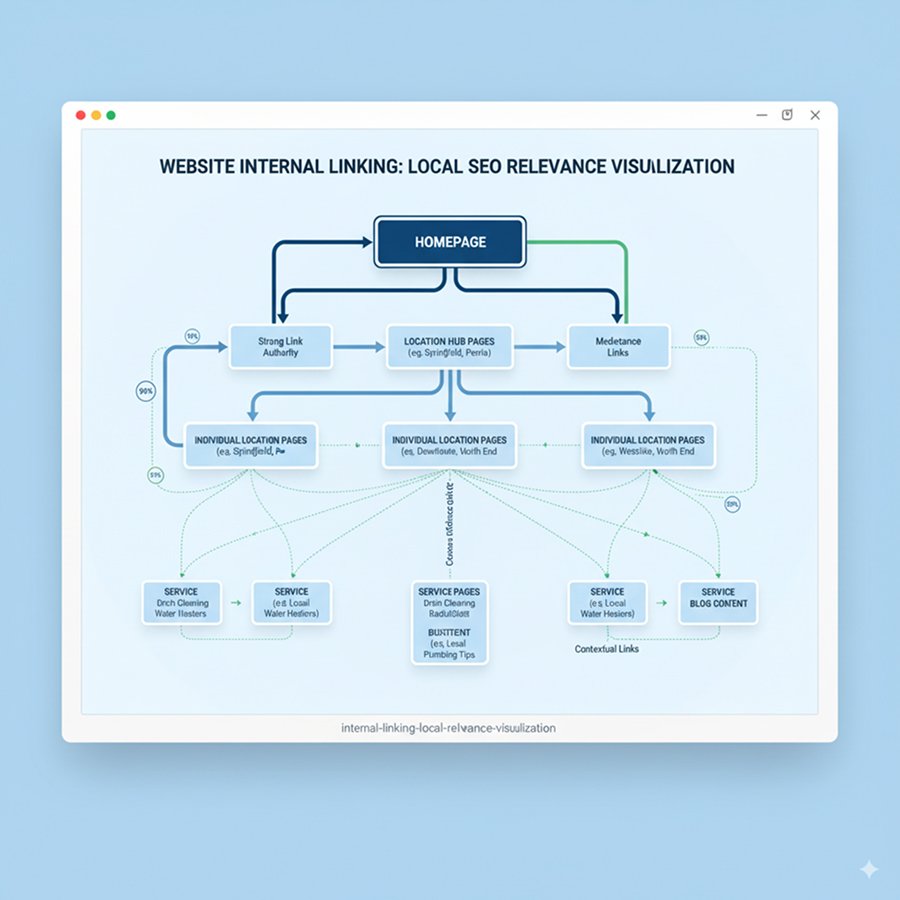 Website internal linking diagram displaying connections between homepage, location pages, service pages, and blog content with link strength indicators File
