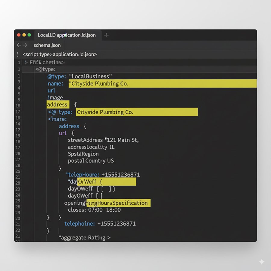 Code editor screenshot displaying LocalBusiness schema markup implementation with highlighted business information fields
