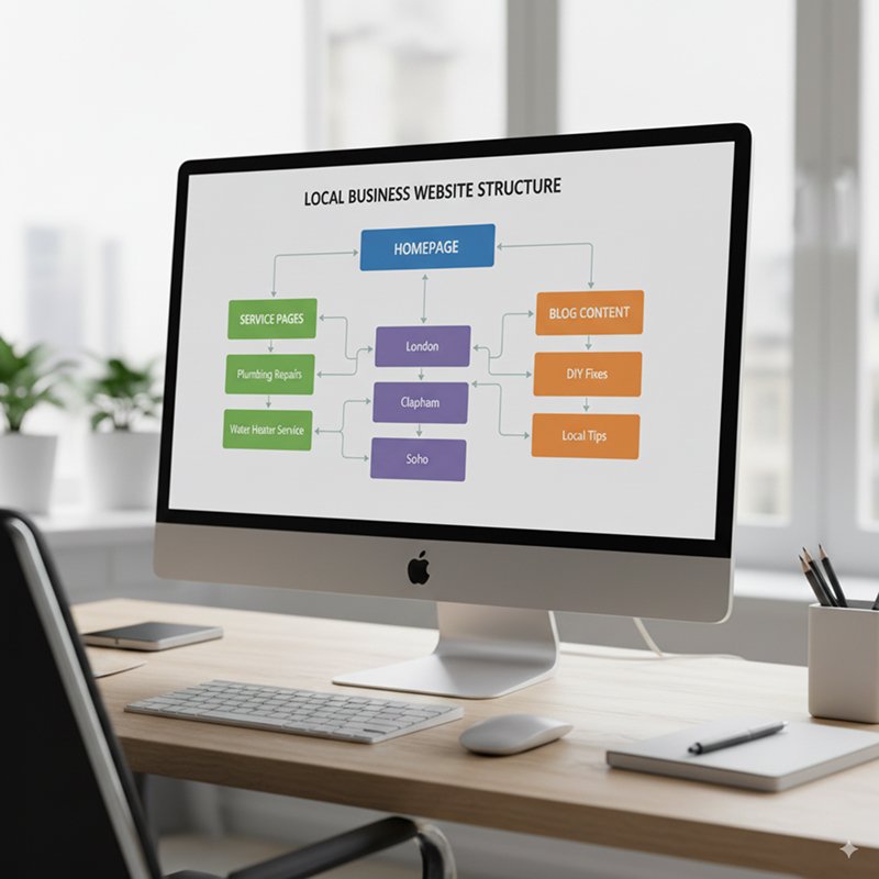 Website architecture diagram displaying homepage, service pages, location pages, and blog content with internal linking connections
