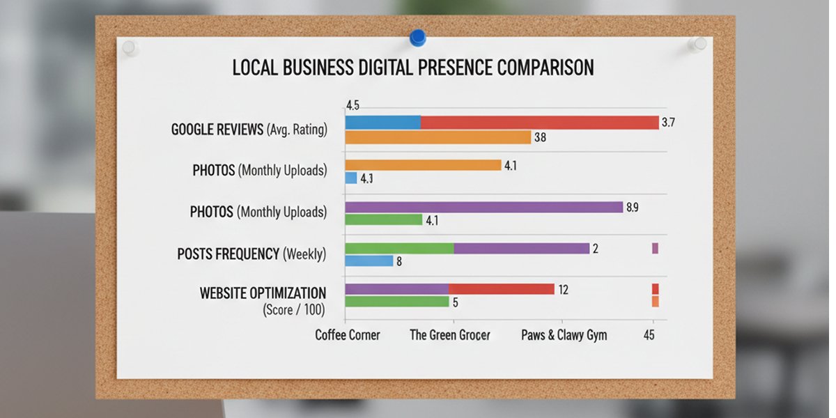 Competitor analysis chart comparing 5 local businesses across Google reviews, photos, posts frequency, and website optimization scores