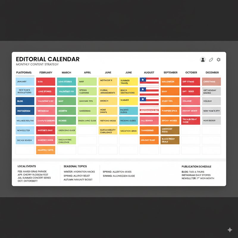 Editorial calendar interface displaying monthly content themes, local events, seasonal topics, and publication schedules across different platforms
