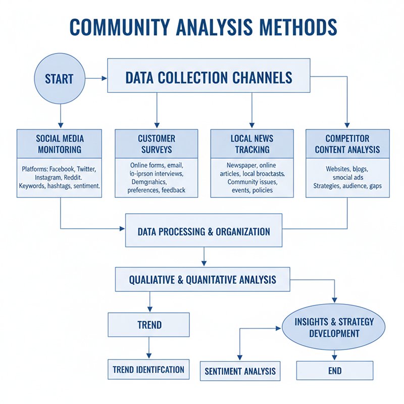 Research flowchart displaying community analysis methods including social media monitoring, customer surveys, local news tracking, and competitor content analysis