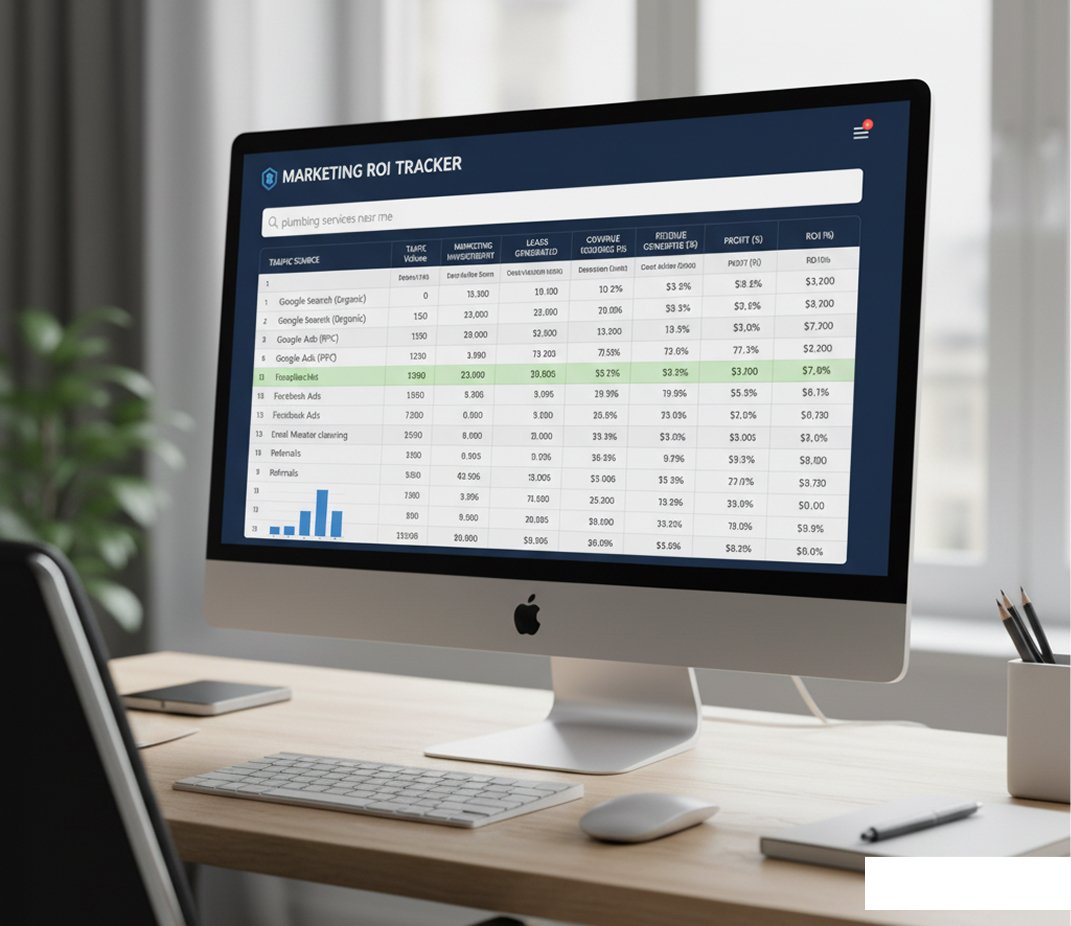 ROI tracking spreadsheet displaying marketing investment, leads generated, conversion rates, and revenue by traffic source