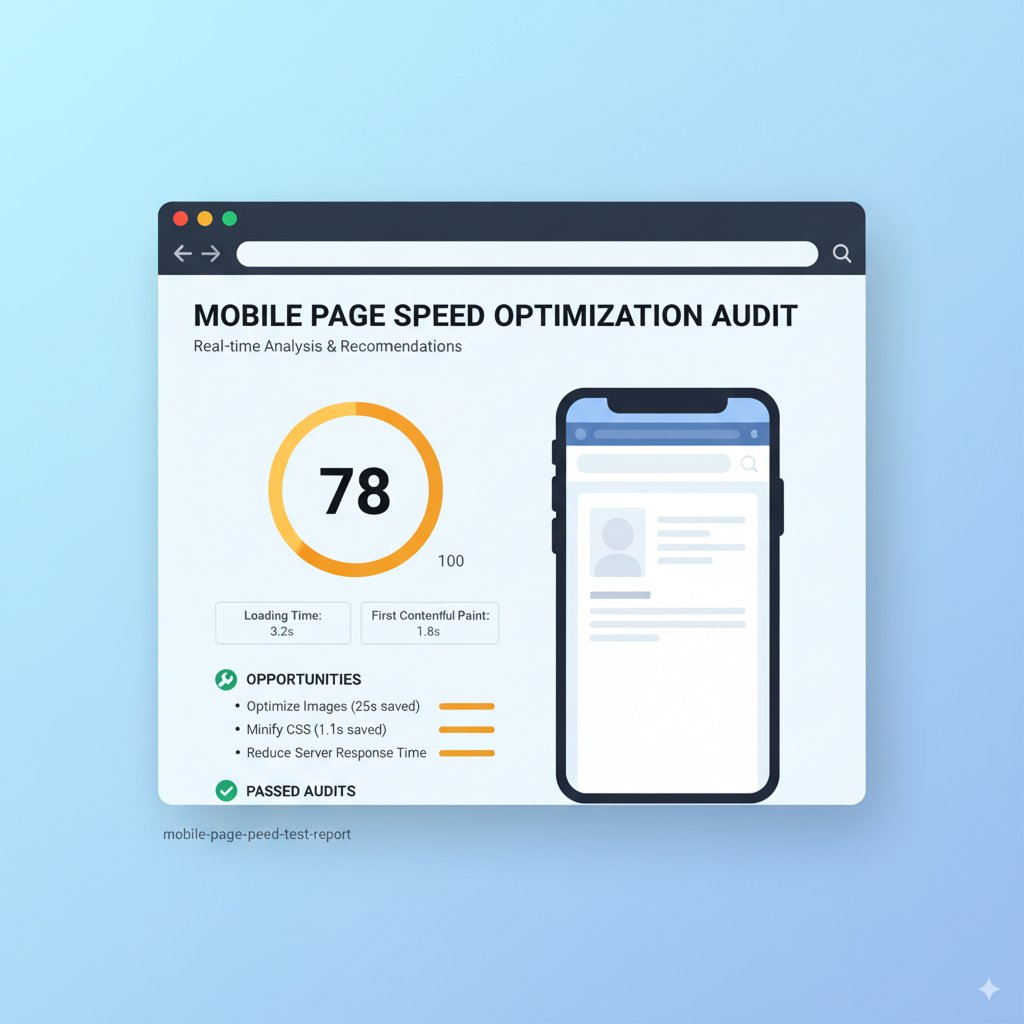 Mobile page speed testing interface displaying loading times, performance scores, and specific optimization recommendations