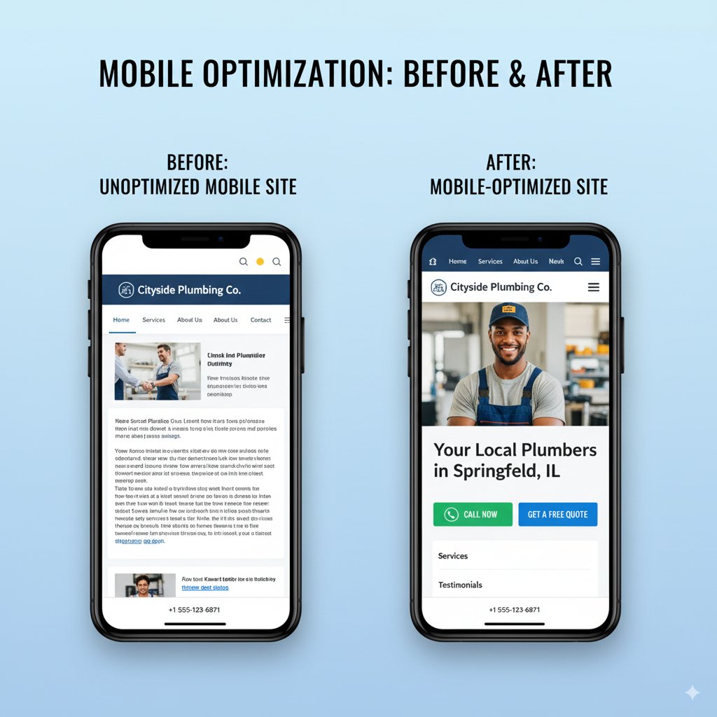 Mobile phone screenshots comparing unoptimized versus mobile-optimized local business website showing improved navigation and contact options