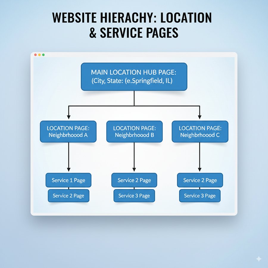 Website hierarchy diagram displaying main location hub connecting to individual location pages with service-specific sub-pages