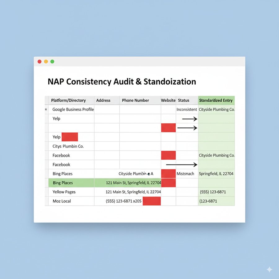 Spreadsheet displaying business NAP information across multiple platforms with highlighted inconsistencies and standardization recommendations