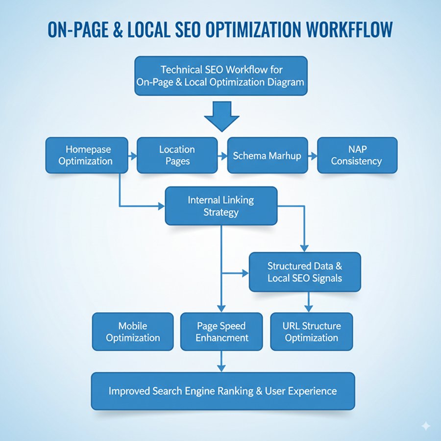 Technical SEO workflow diagram displaying homepage optimization, location pages, schema markup, NAP consistency, internal linking, mobile optimization, page speed, and URL structure