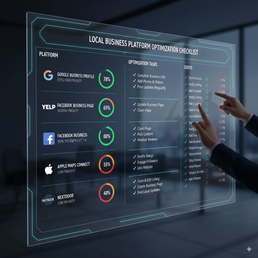 Optimization checklist displaying completion percentages for various local business platforms with priority rankings and optimization tasks