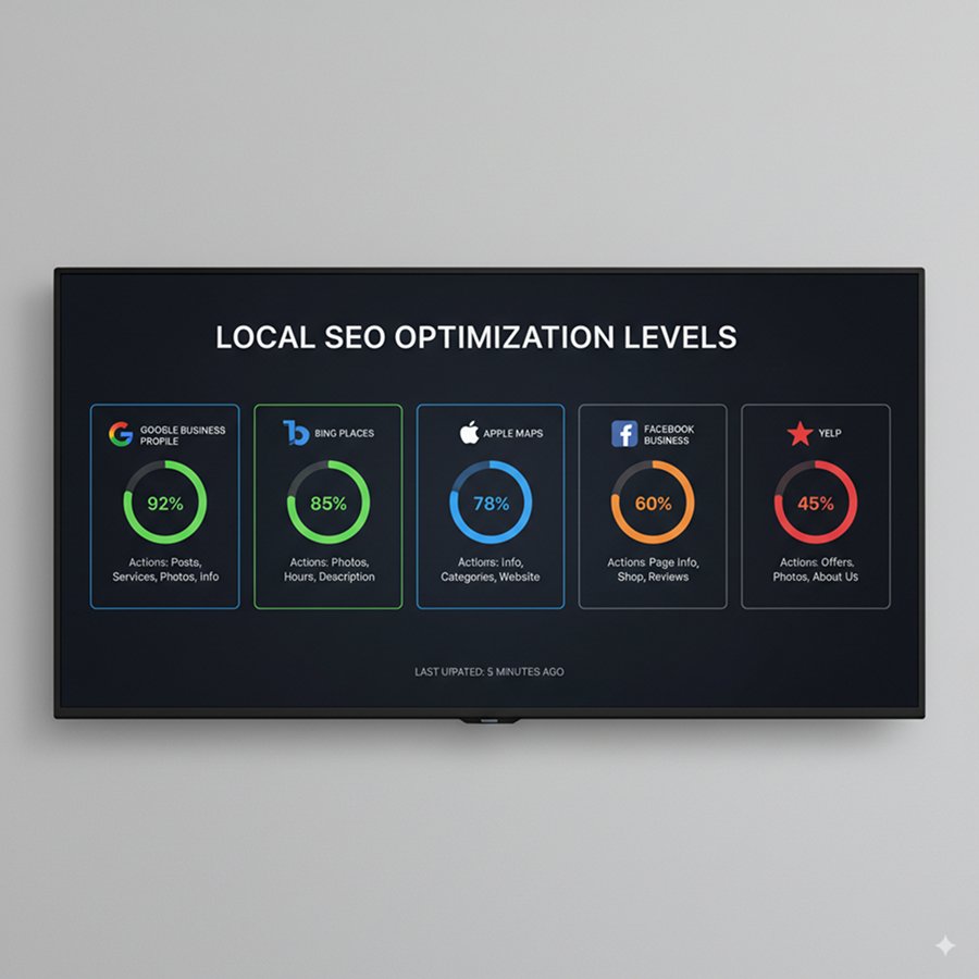 Dashboard displaying optimization levels for Google Business Profile, Bing Places, Apple Maps, Facebook Business, and Yelp with completion percentages