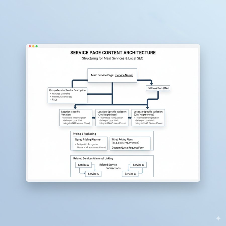 Service page content architecture showing main service description, location-specific variations, pricing information, and related service connections