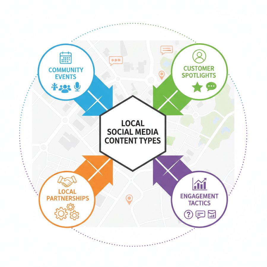Strategy diagram displaying local social media content types including community events, customer spotlights, local partnerships, and engagement tactics