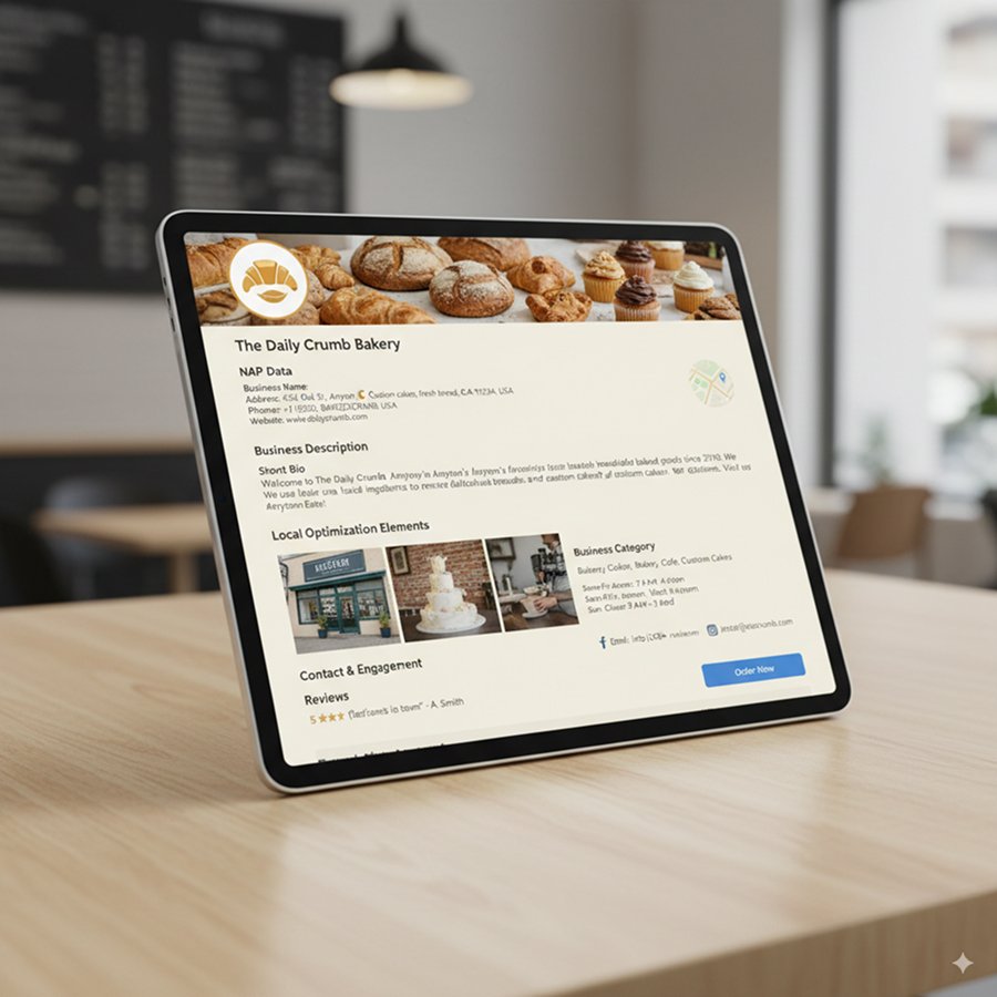 Social profile template displaying optimized business information fields including NAP data, business description, and local optimization elements