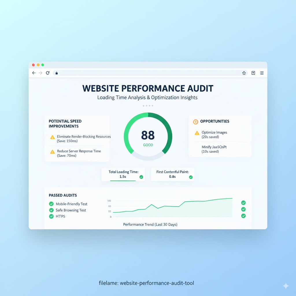 Performance audit interface displaying loading time analysis, optimization recommendations, and potential speed improvements